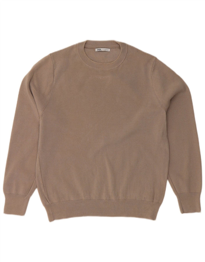 Suéter feminino ZARA com gola redonda, Reino Unido 14, algodão cinza médio