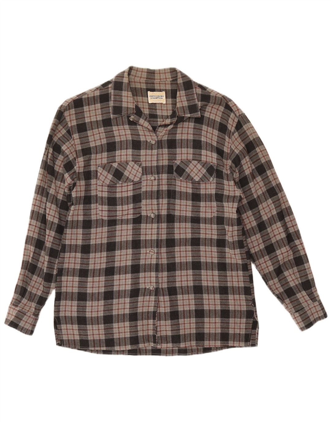 Camisa de flanela feminina Benetton UK 12 Viscose xadrez cinza médio