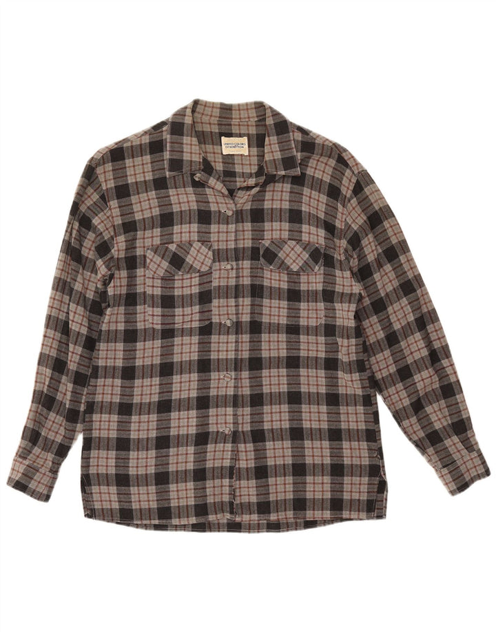 Camisa de flanela feminina Benetton UK 12 Viscose xadrez cinza médio