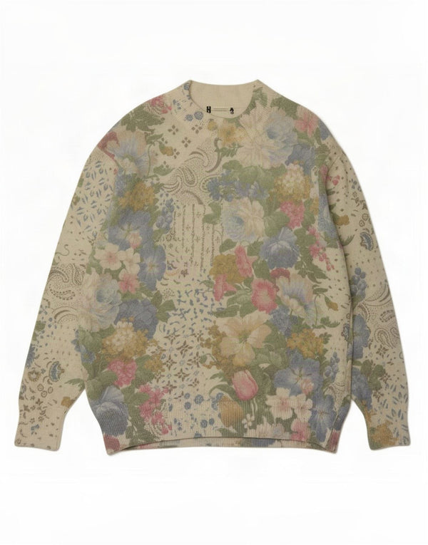 Suéter feminino vintage com gola tartaruga Reino Unido 16 grande verde floral