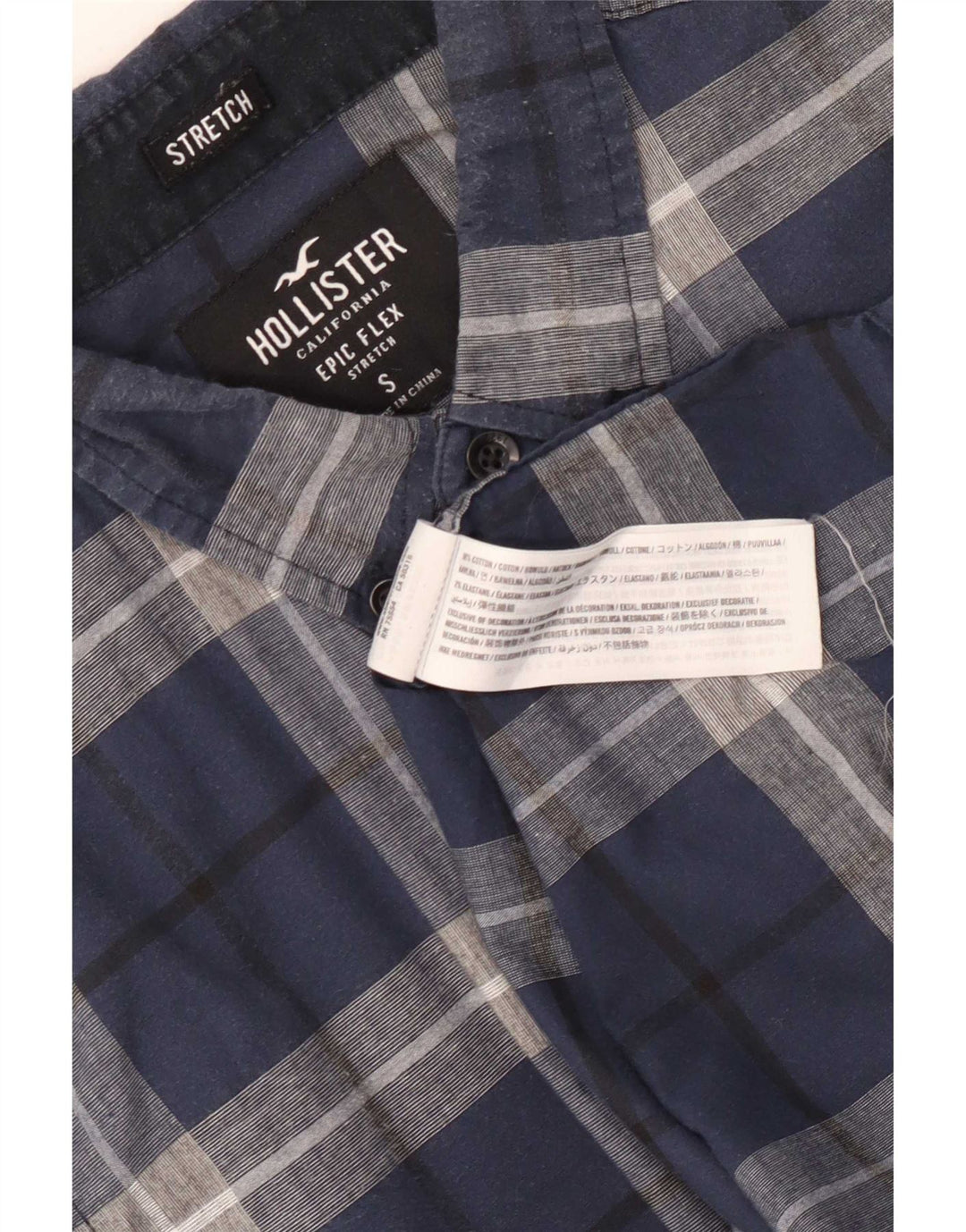 Camisa masculina elástica Hollister pequena xadrez azul marinho de algodão