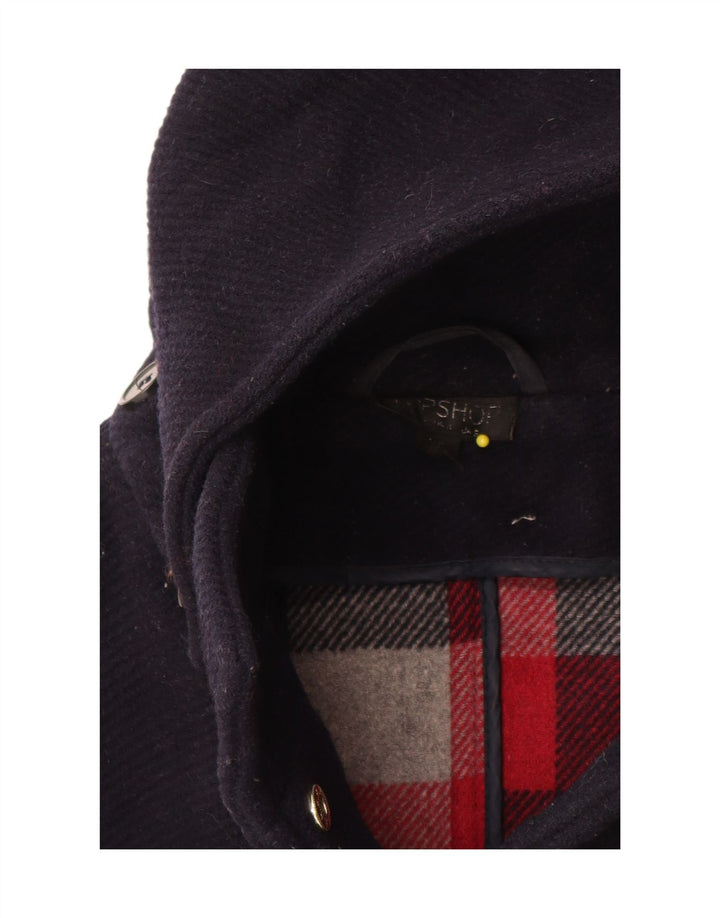 Casaco Duffle feminino com capuz Topshop Reino Unido 10 pequeno lã azul marinho