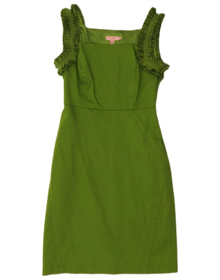Vestido feminino Ted Baker com babados e bainha sem mangas, tamanho 3, algodão verde médio