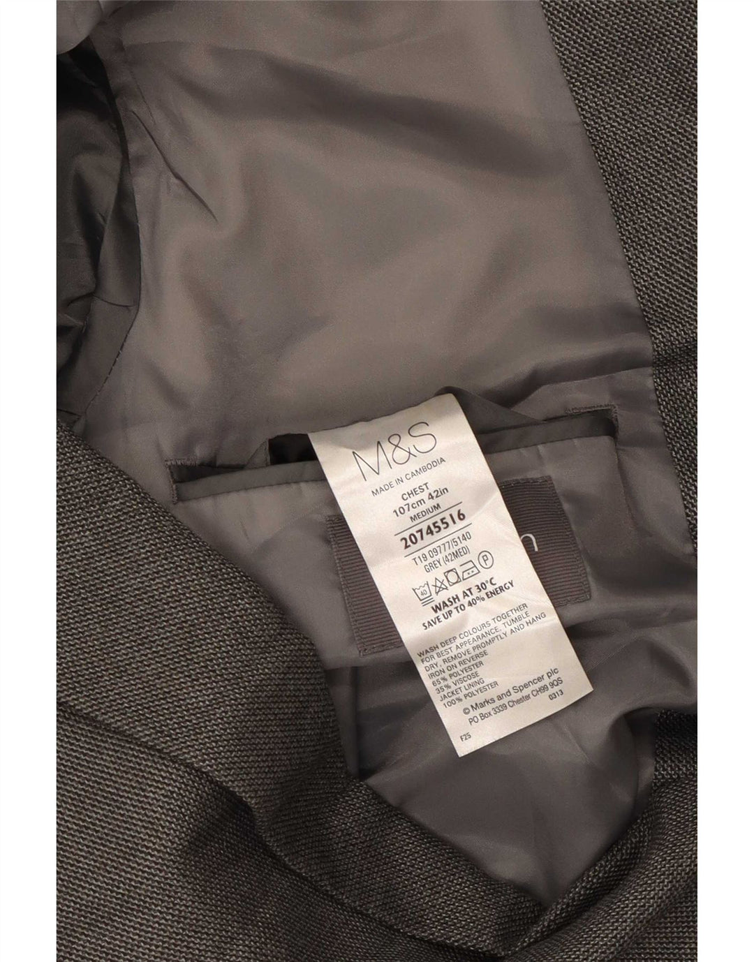 Jaqueta blazer masculina de 2 botões Marks & Spencer Reino Unido 42 poliéster cinza grande