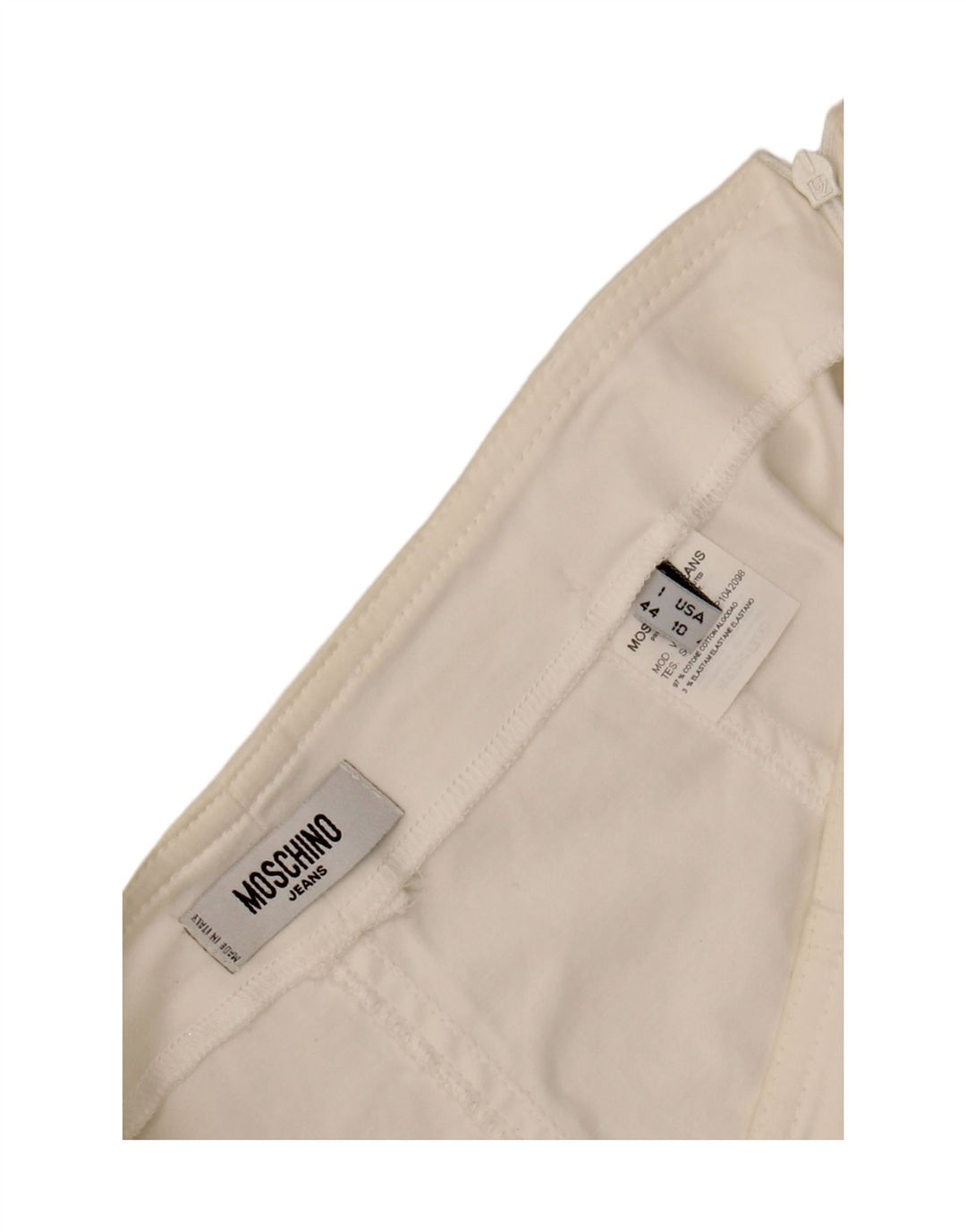 Saia feminina MOSCHINO cintura alta evasê Reino Unido 14 W30 L23 algodão branco