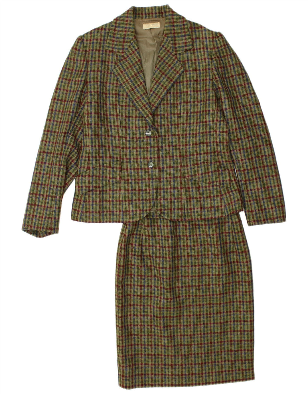 Conjunto de saia feminina vintage com 2 botões e 2 peças Reino Unido 12 médio W26 cáqui xadrez