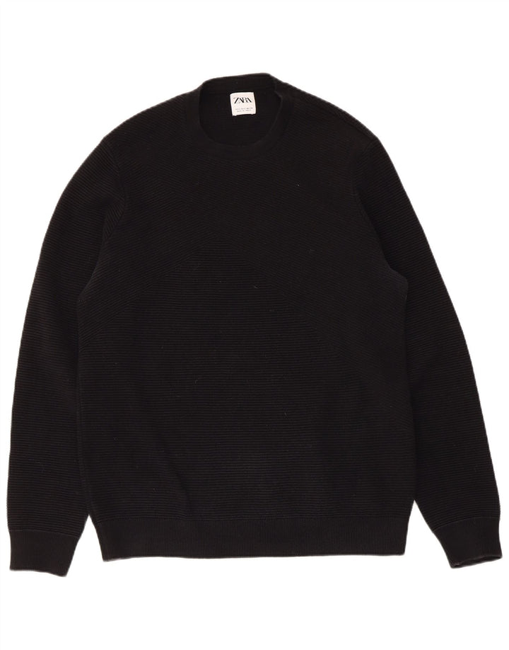 Suéter masculino ZARA com gola redonda, pequeno algodão preto