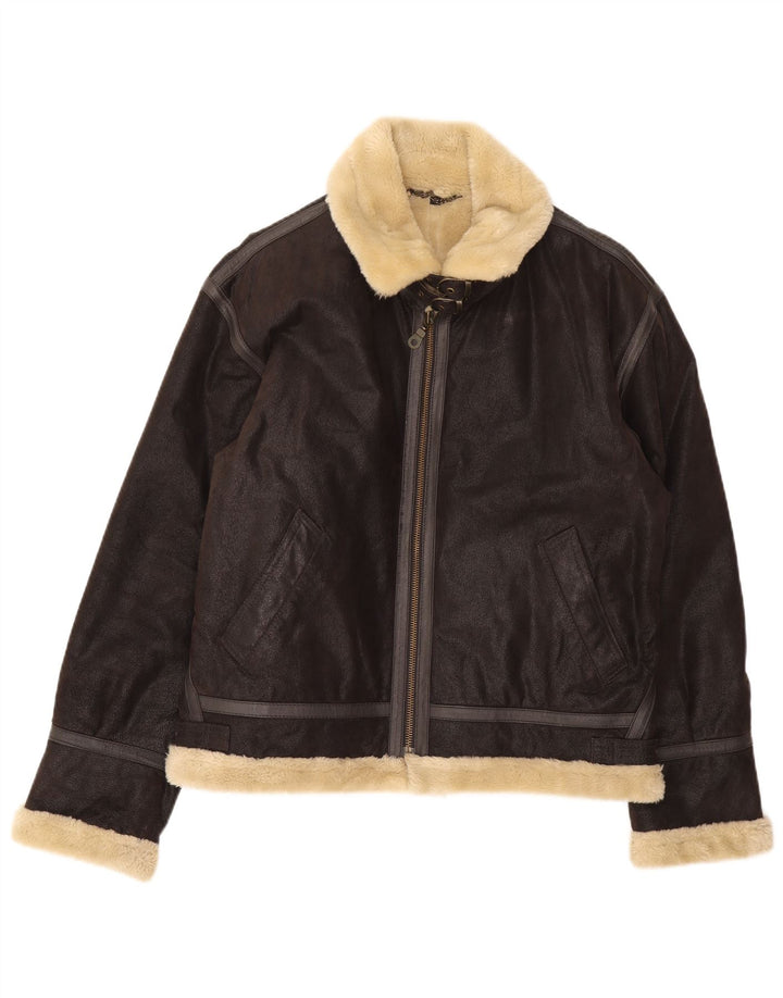 Jaqueta masculina vintage Bomber Shearling Reino Unido 38 couro marrom médio