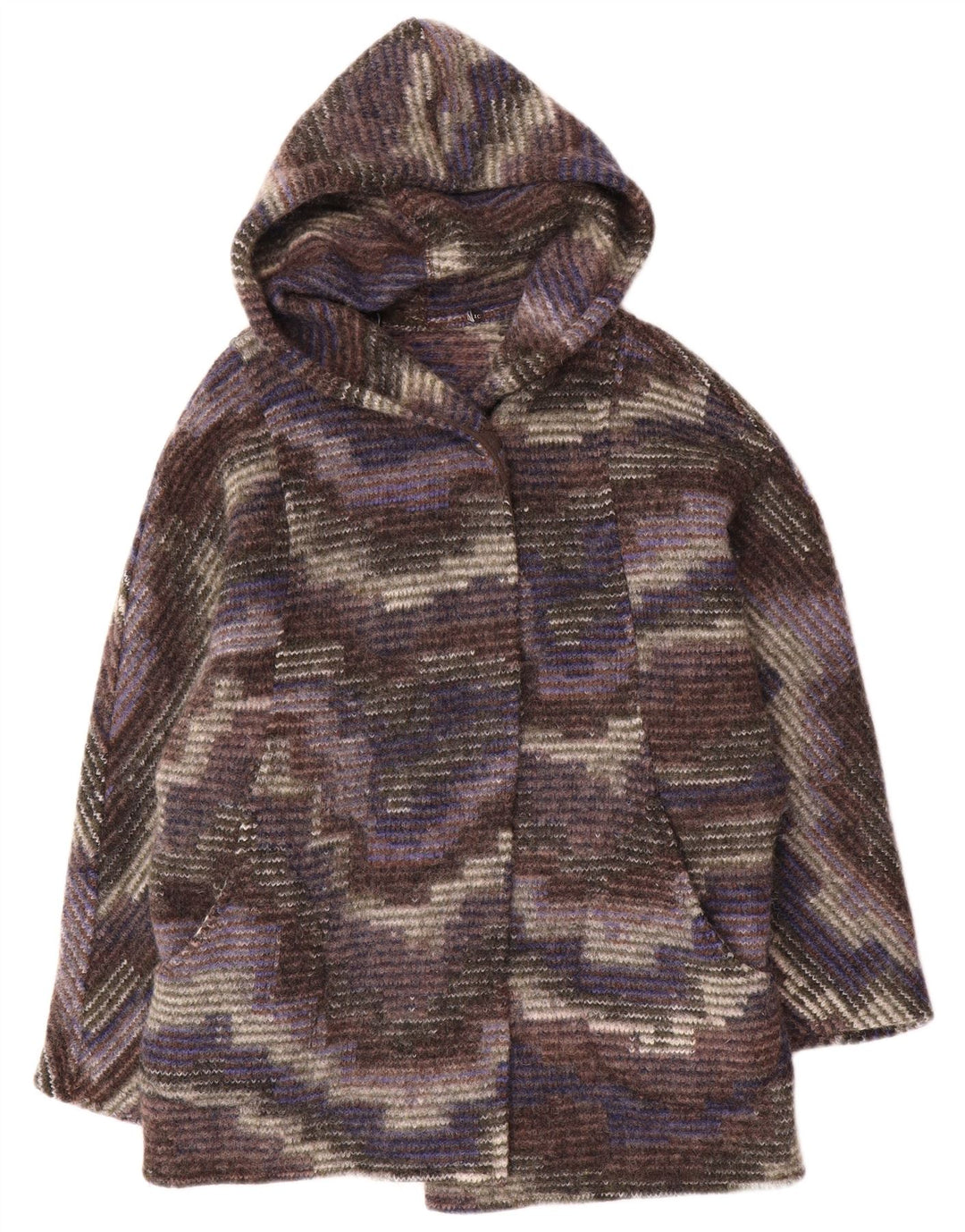 Sobretudo aberto com capuz feminino vintage Reino Unido 12 camuflagem multicolorida média