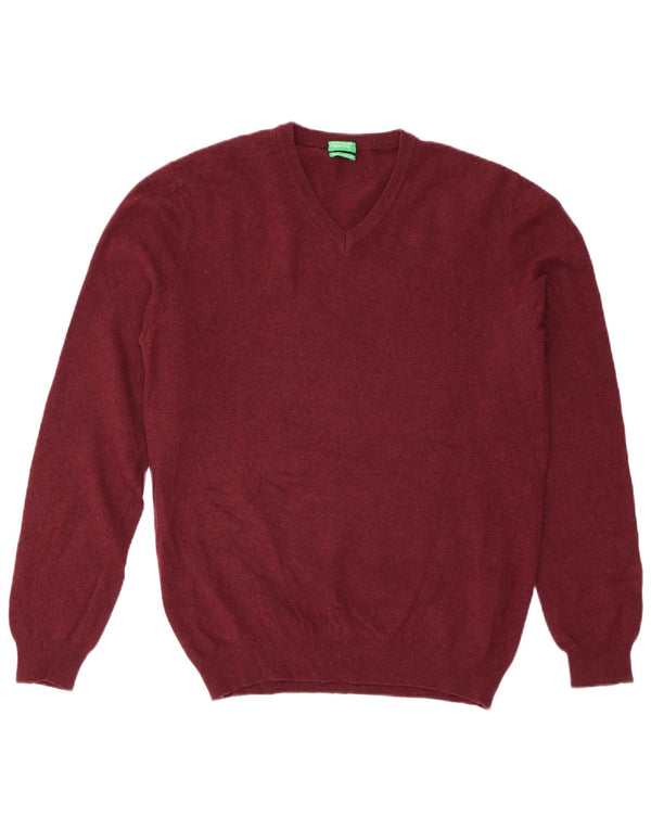 Benetton Mens V-Neck Jumper Sweater Medium Burgundy Virgin Wool
