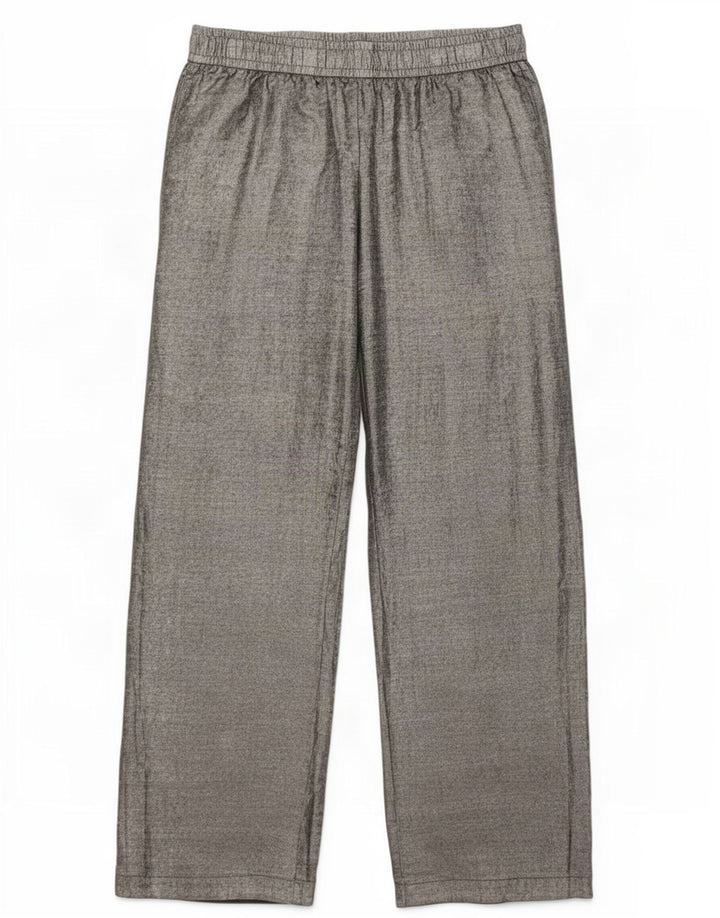 Zara Calça feminina de perna larga grande W30 L31 poliéster prateado