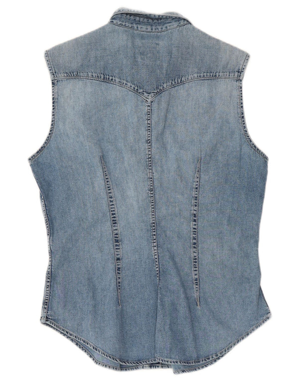 Camisa jeans feminina sem mangas Rifle UK 14 algodão azul médio