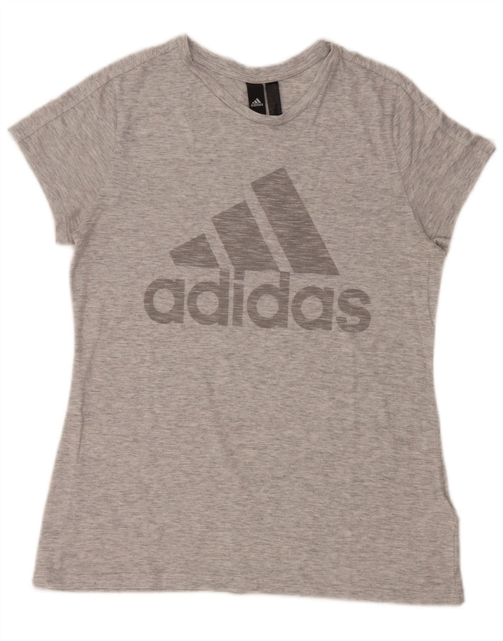 Camiseta feminina ADIDAS com estampa gráfica UK 12/14 cinza médio poliéster manchado