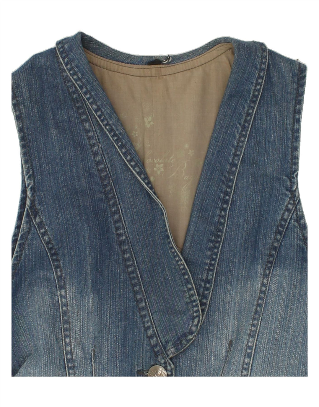 Colete jeans feminino VINTAGE Reino Unido 12 algodão azul médio