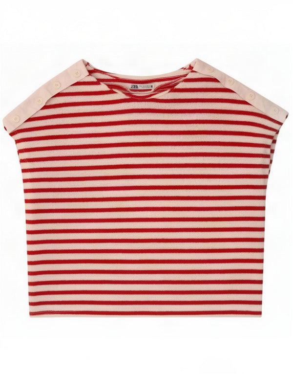 Zara Camiseta feminina cropped UK 14 Poliéster listrado vermelho médio