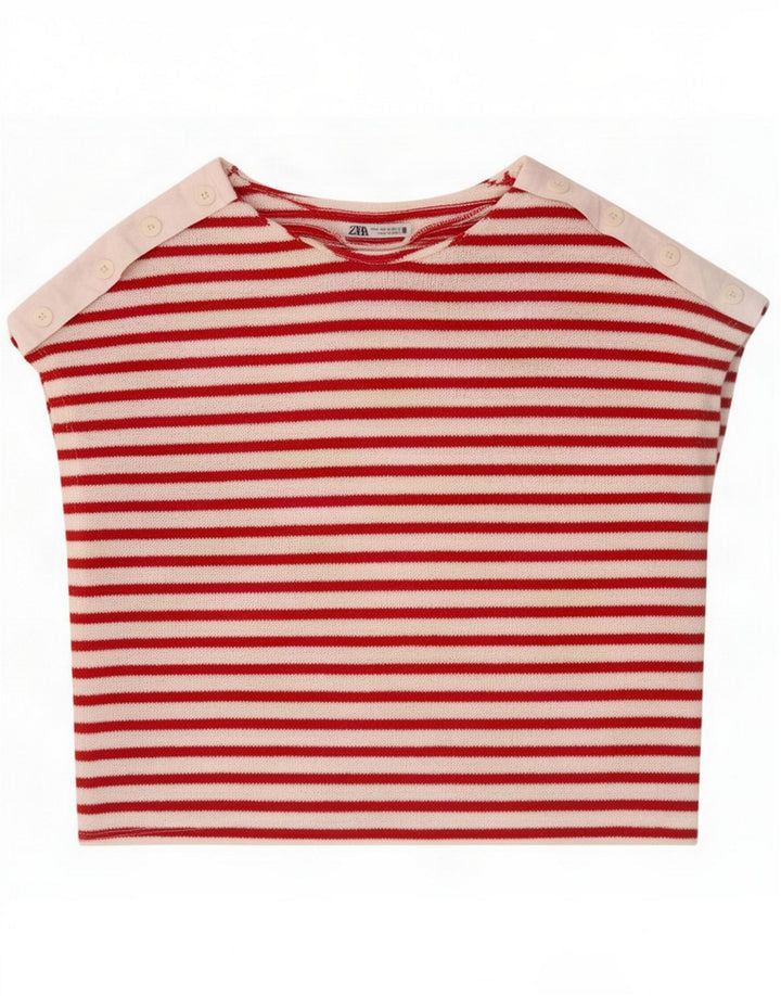 Zara Camiseta feminina cropped UK 14 Poliéster listrado vermelho médio