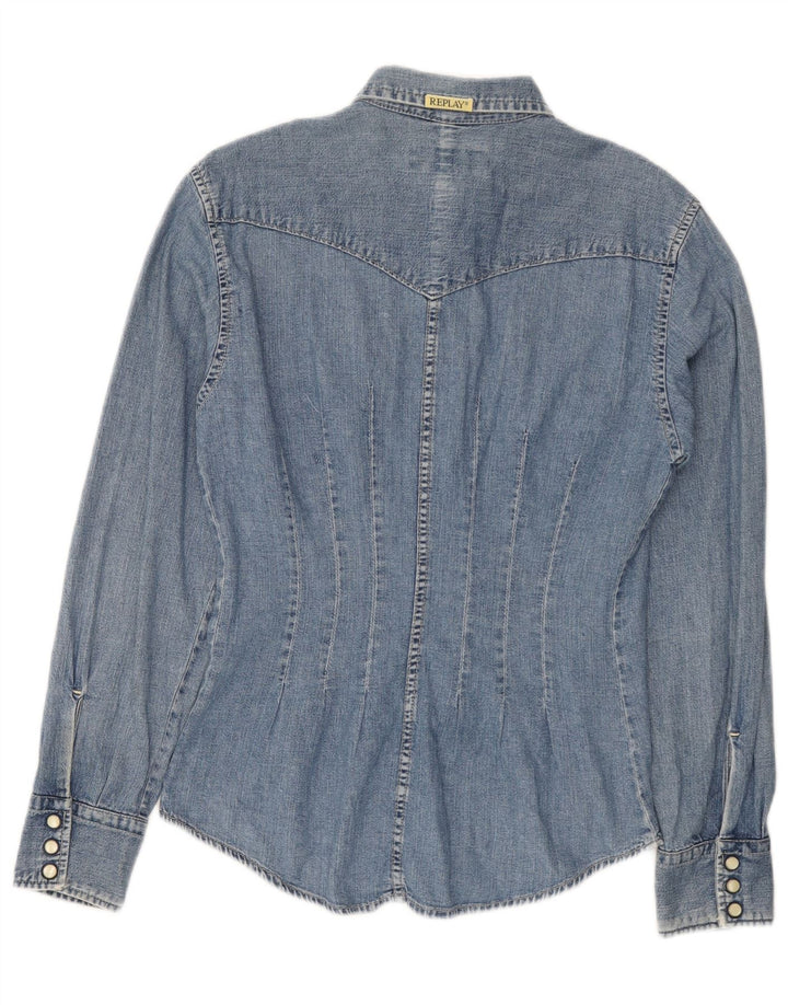 Camisa jeans feminina Replay UK 12 algodão azul médio