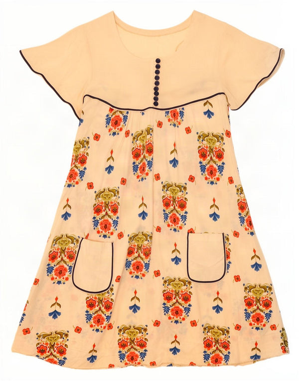 Vestido vintage feminino linha A UK 12 médio bege floral