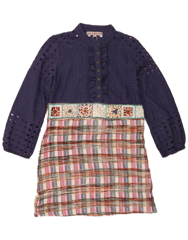 Vestido vintage feminino com babados na frente, UK 14, grande, azul marinho, patchwork