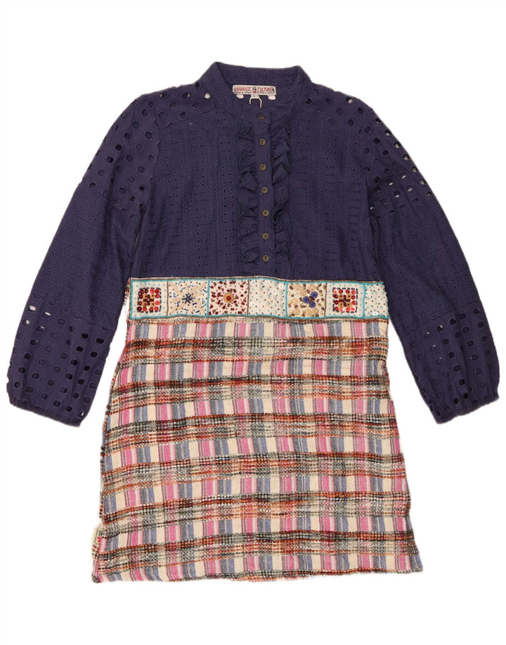 Vestido vintage feminino com babados na frente, UK 14, grande, azul marinho, patchwork