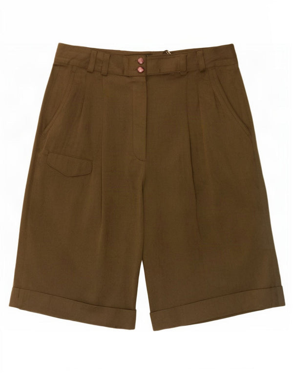 Shorts casuais femininos vintage de perna larga Reino Unido 12 médio W28 triacetato verde