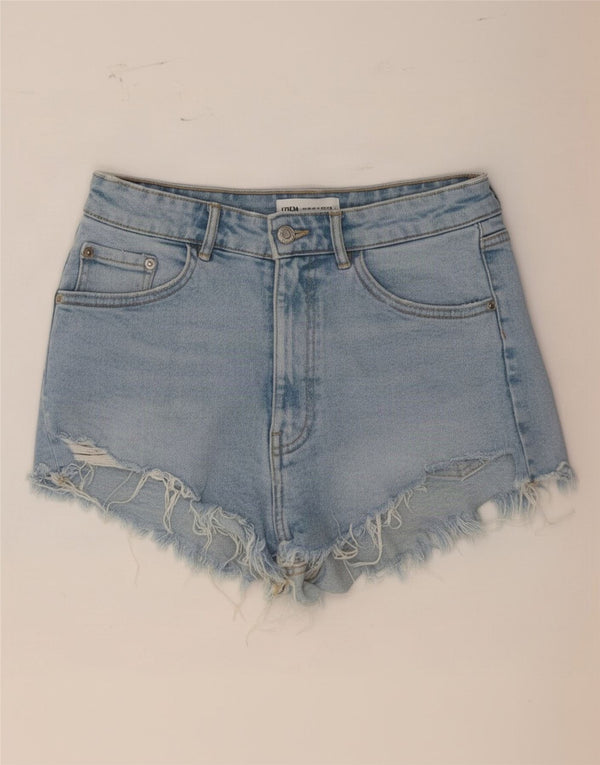 Zara Shorts jeans feminino de cintura alta desgastado UE 38 pequeno W28 azul