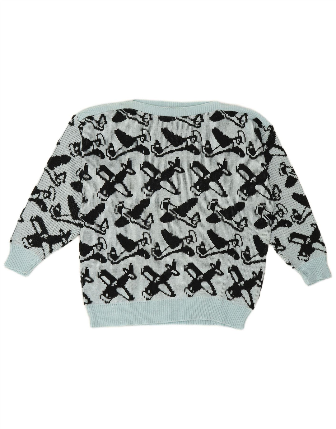 Suéter feminino vintage com padrão abstrato e gola canoa UE 40 azul médio
