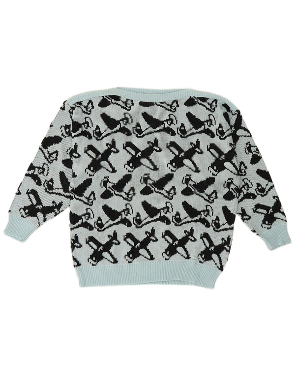 Suéter feminino vintage com padrão abstrato e gola canoa UE 40 azul médio