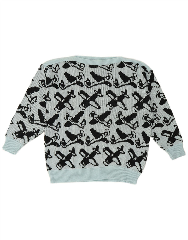 Suéter feminino vintage com padrão abstrato e gola canoa UE 40 azul médio