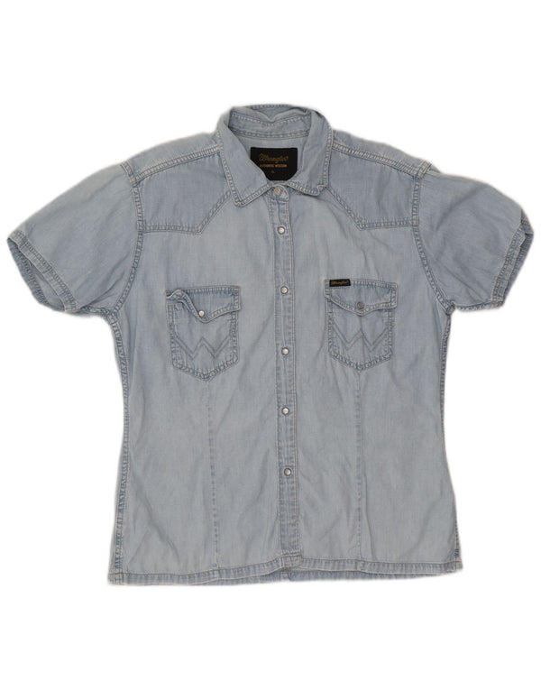 Camisa jeans Wrangler feminina de manga curta Reino Unido 18 XL azul algodão