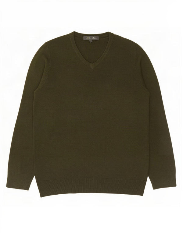 Suéter masculino Marks & Spencer com decote em V, pequeno acrílico cáqui