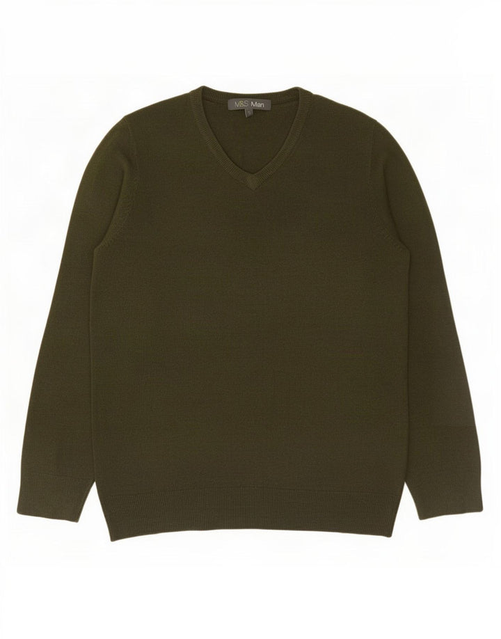 Suéter masculino Marks & Spencer com decote em V, pequeno acrílico cáqui