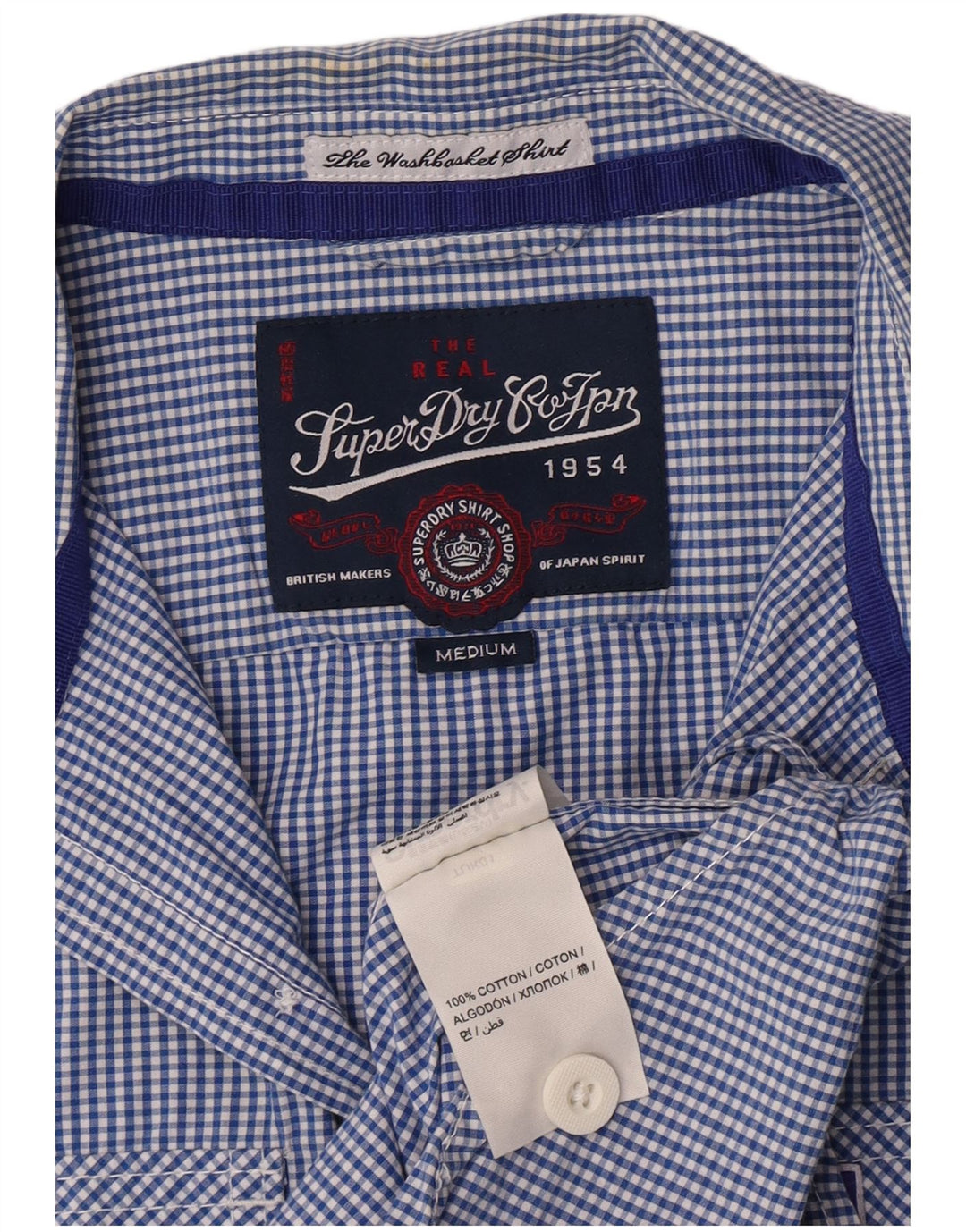 Camisa masculina Superdry de manga curta azul médio algodão guingão