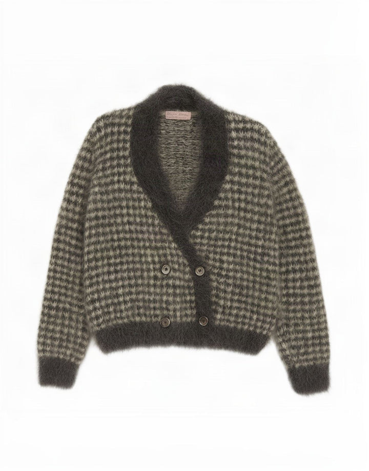 Suéter cardigã feminino vintage Reino Unido 12 cinza médio Houndstooth Mohair