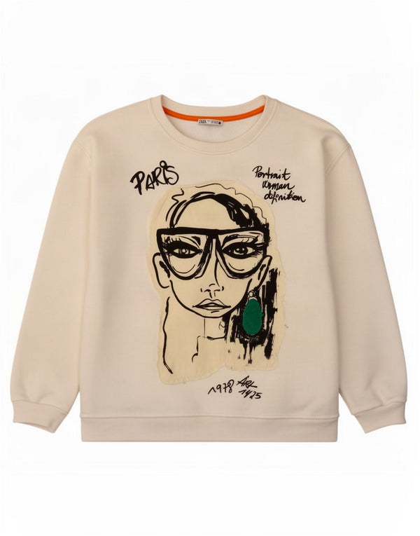 Zara moletom feminino gráfico oversized jumper UK 10 pequeno poliéster branco