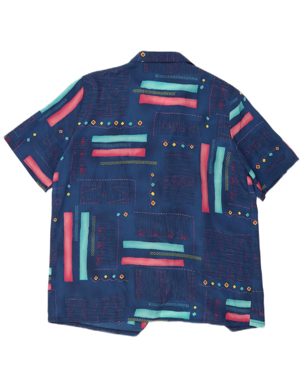 Camisa feminina vintage de manga curta IT 54 2XL azul marinho geométrica