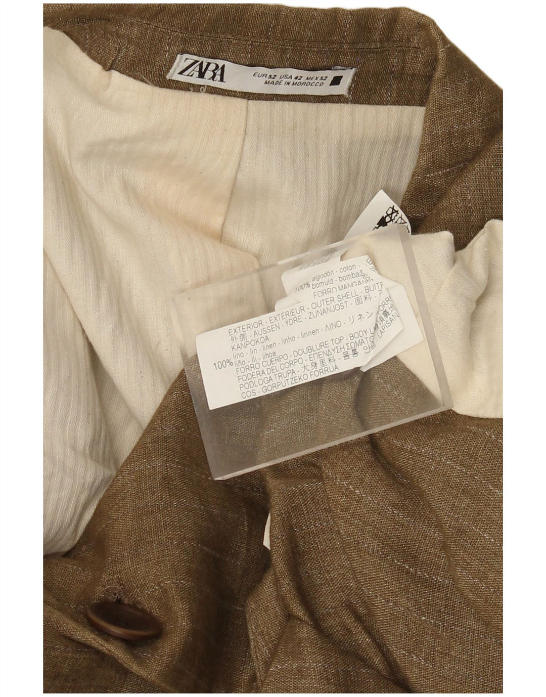 Jaqueta blazer masculina Zara com peito duplo EU 52 grande linho bege risca de giz