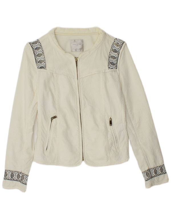 ZARA Womens Crop Oversized Bomber Jacket UK 10 Pequeno Off White Geométrico