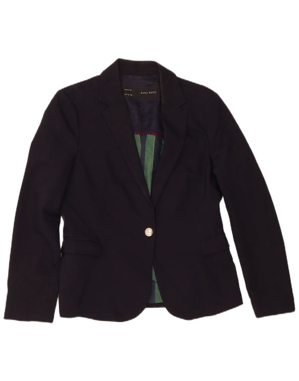 Zara Womens 1 Button Blazer Jacket UK 14 Large Navy Blue Polyester