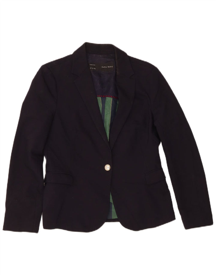 Jaqueta blazer feminina Zara com 1 botão Reino Unido 14 grande poliéster azul marinho