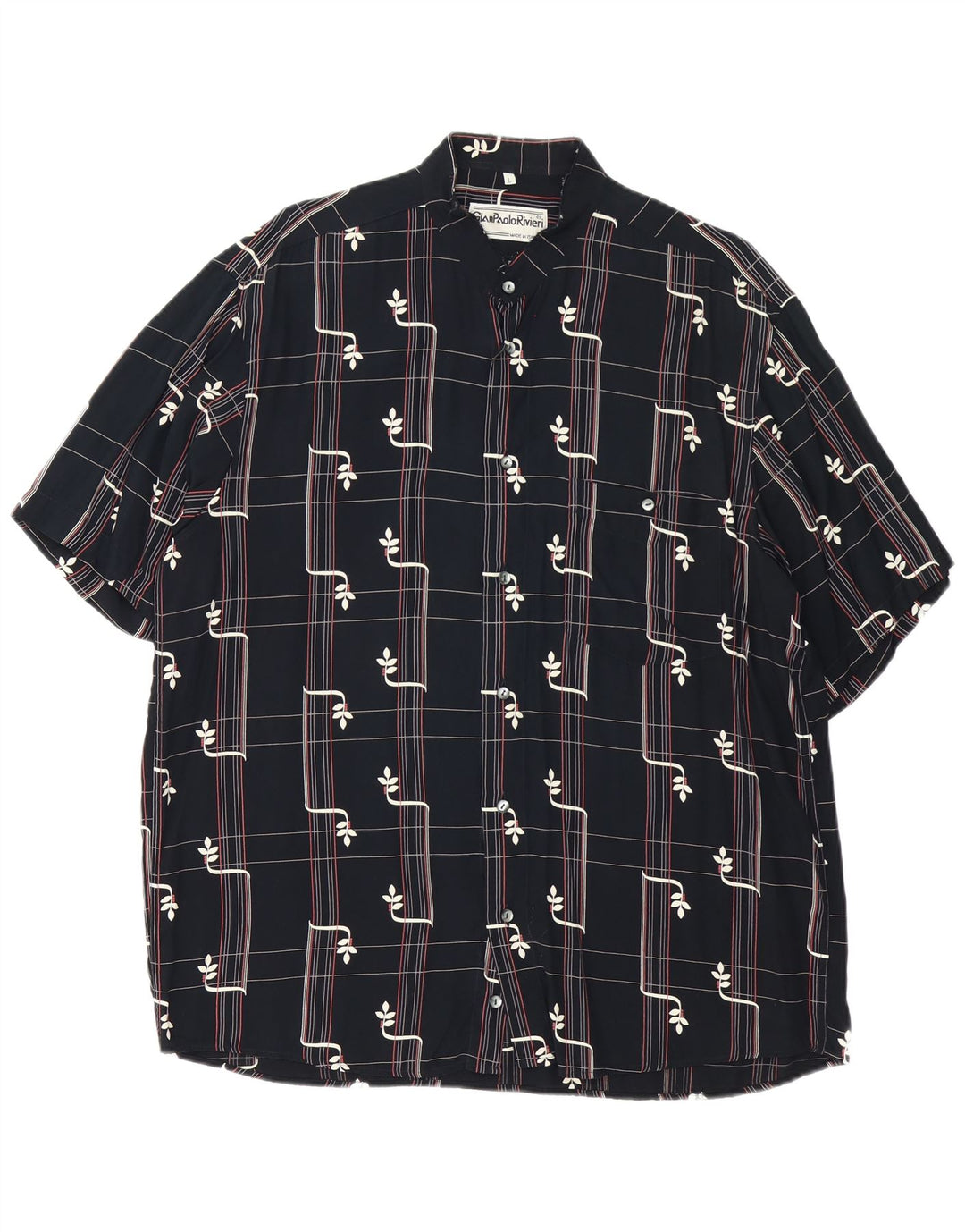 Camisa masculina vintage de manga curta grande viscose geométrica preta