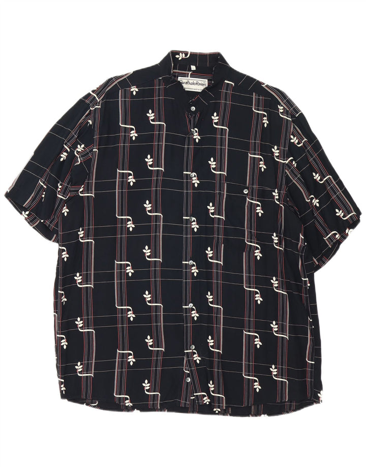 Camisa masculina vintage de manga curta grande viscose geométrica preta