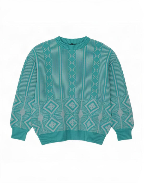 Suéter feminino vintage com gola canoa Reino Unido 16 grande azul geométrico
