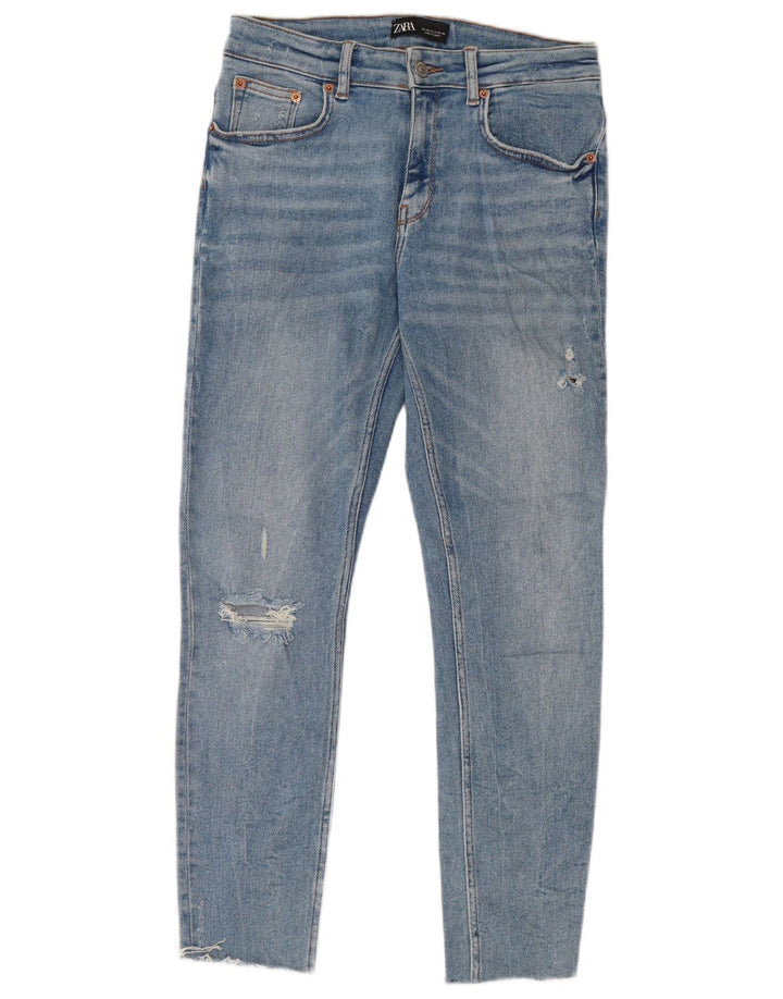 ZARA Calça Jeans Skinny Feminina Crop Distressed EU 40 Médio W30 L26 Azul Algodão