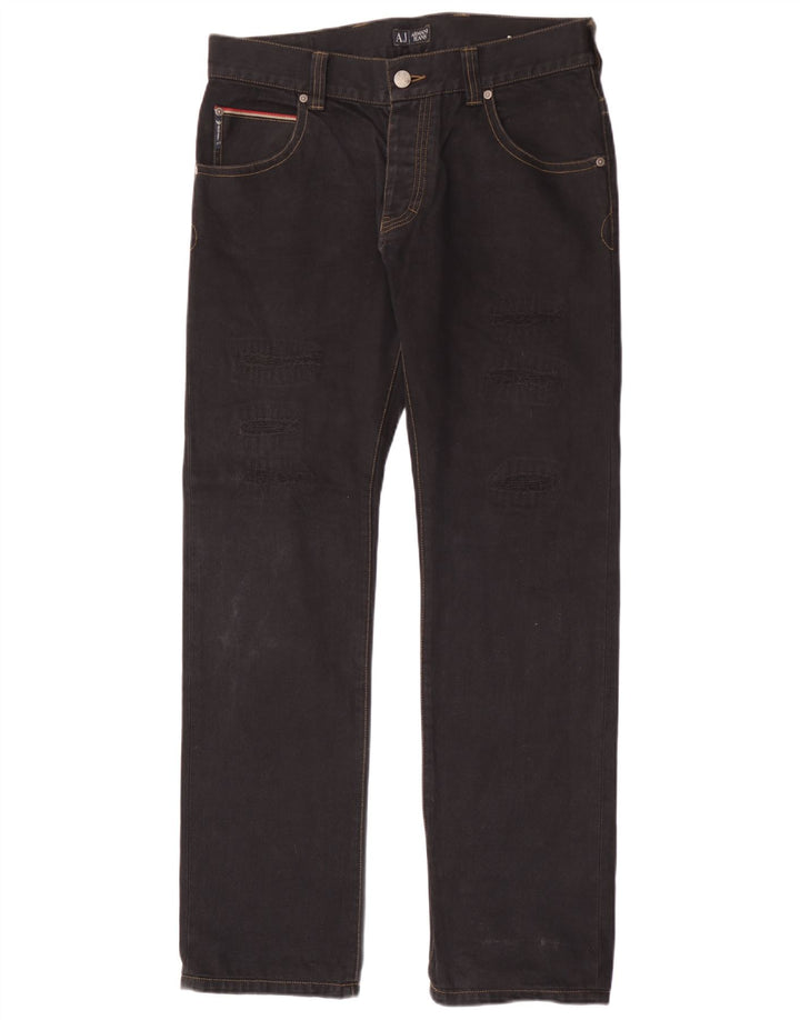 Calça jeans reta masculina Armani desgastada W34 L34 algodão preto
