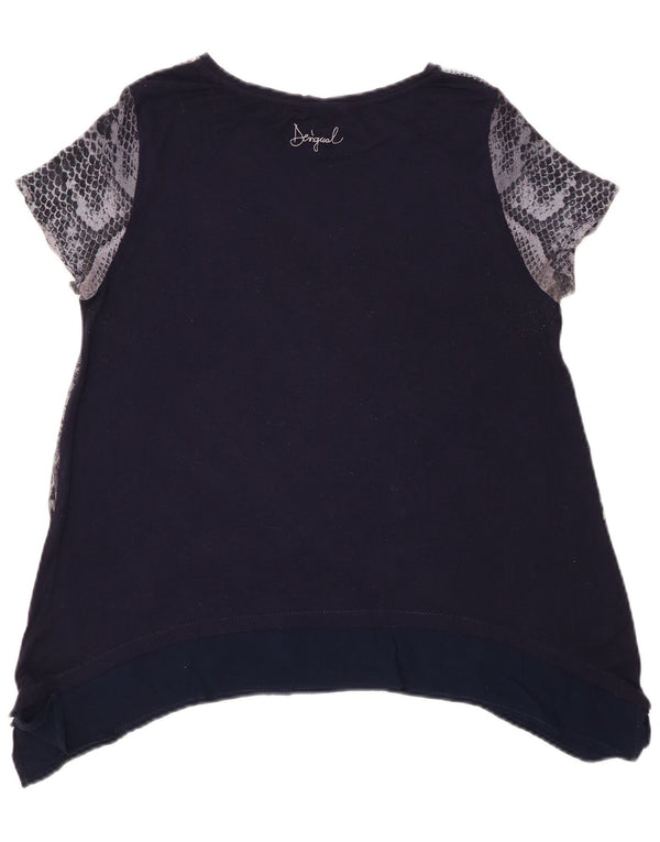 Desigual Top túnica feminina gráfica UK 14 médio azul marinho floral