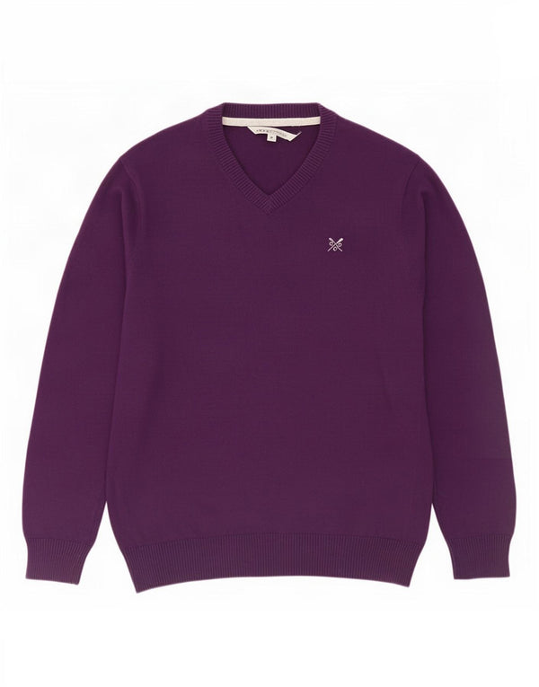 Suéter masculino com decote em V da Crew Clothing algodão roxo médio
