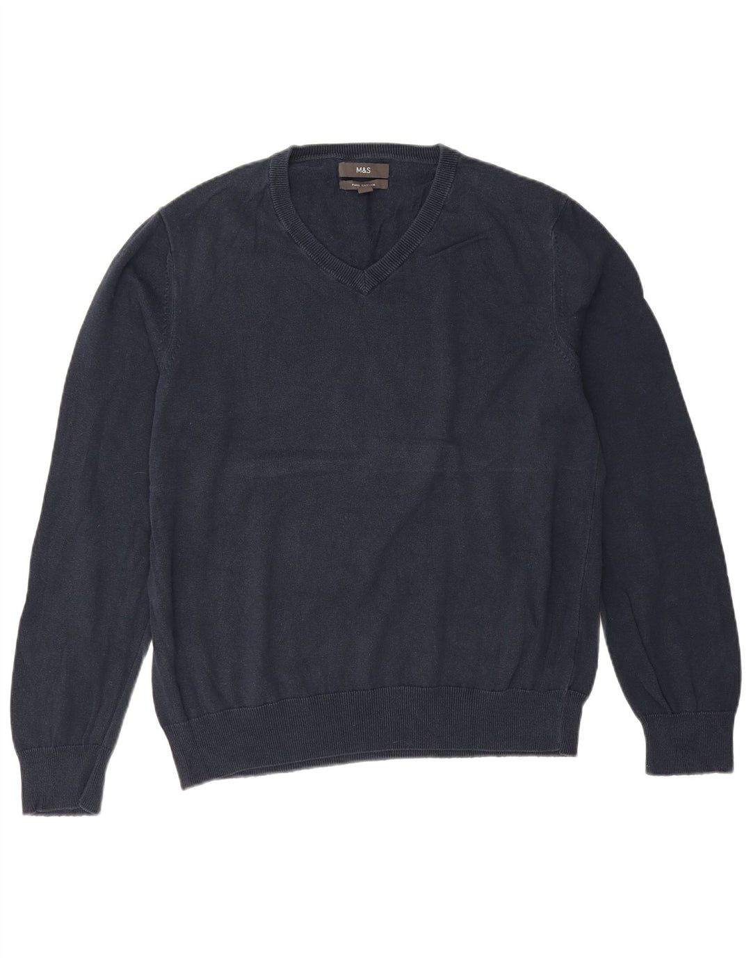 Suéter masculino Marks & Spencer com decote em V grande algodão azul marinho