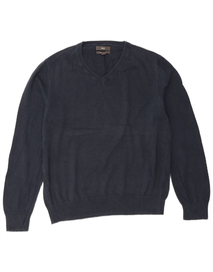 Suéter masculino Marks & Spencer com decote em V grande algodão azul marinho