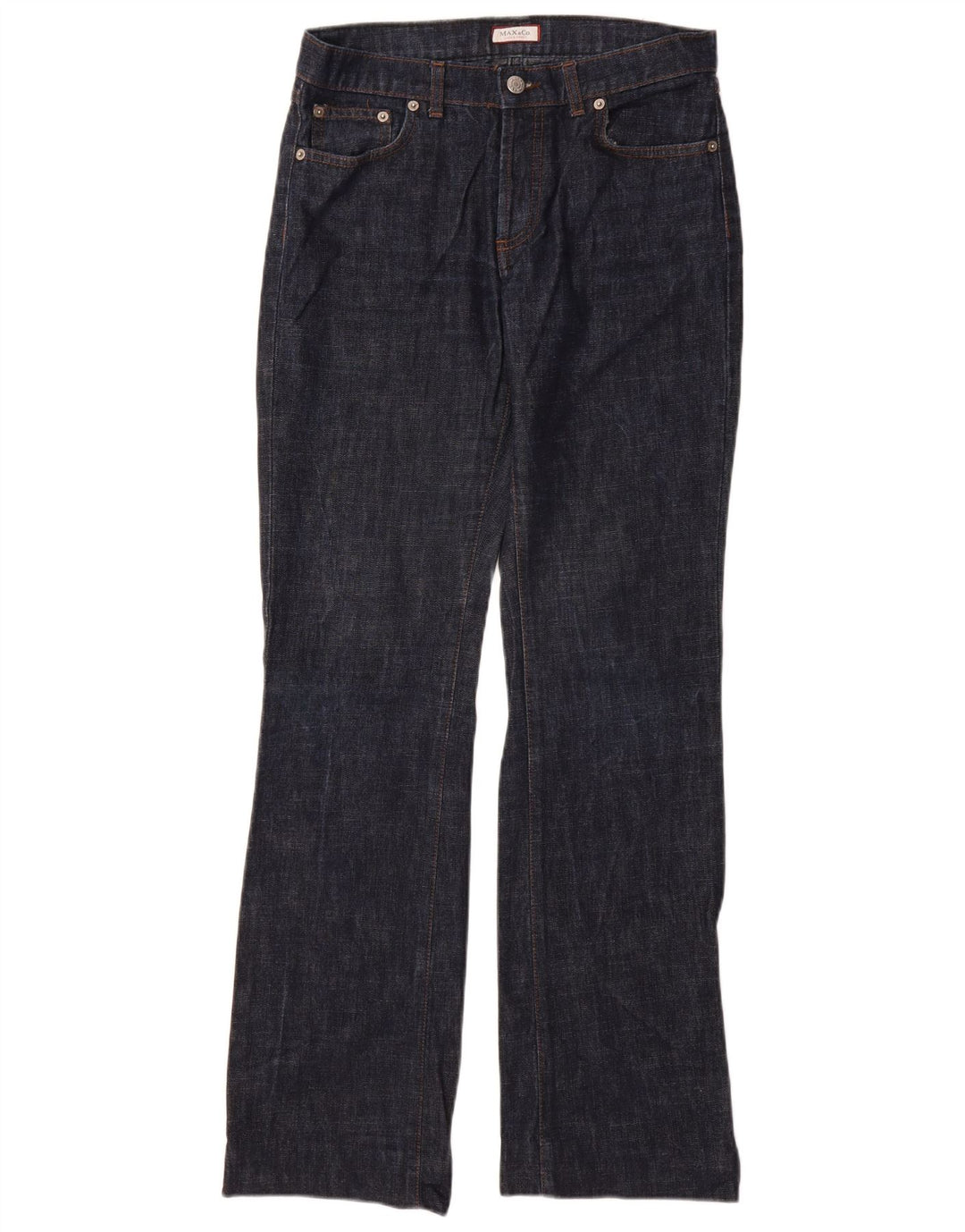 Jeans Bootcut feminino Max & Co. Reino Unido 10 pequeno W28 L32 algodão azul marinho